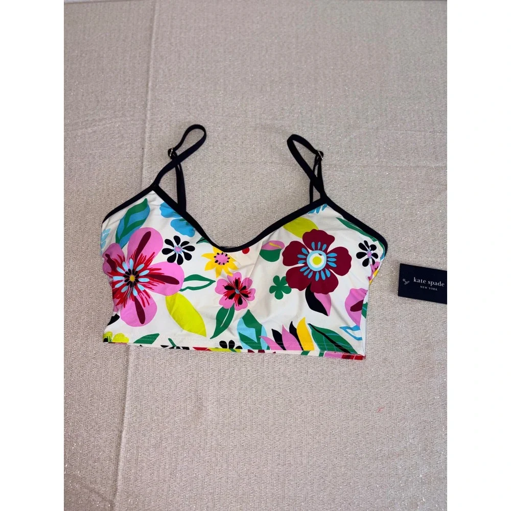 Kate Spade Cami Crop Bikini Top‎ Women Medium Cream Multi NWT Floral V-Neck